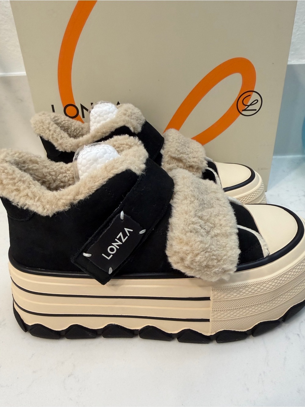 NWT Lonza  Black & Cream Sherpa Platform Sneakers